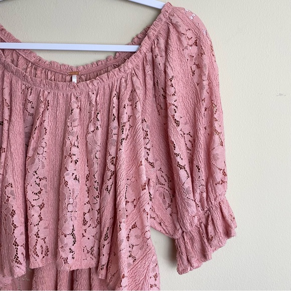 Free People Stacey Lace Blush Crop Puff Sleeve Relaxed Fit Top Size Small - Picture 10 of 15